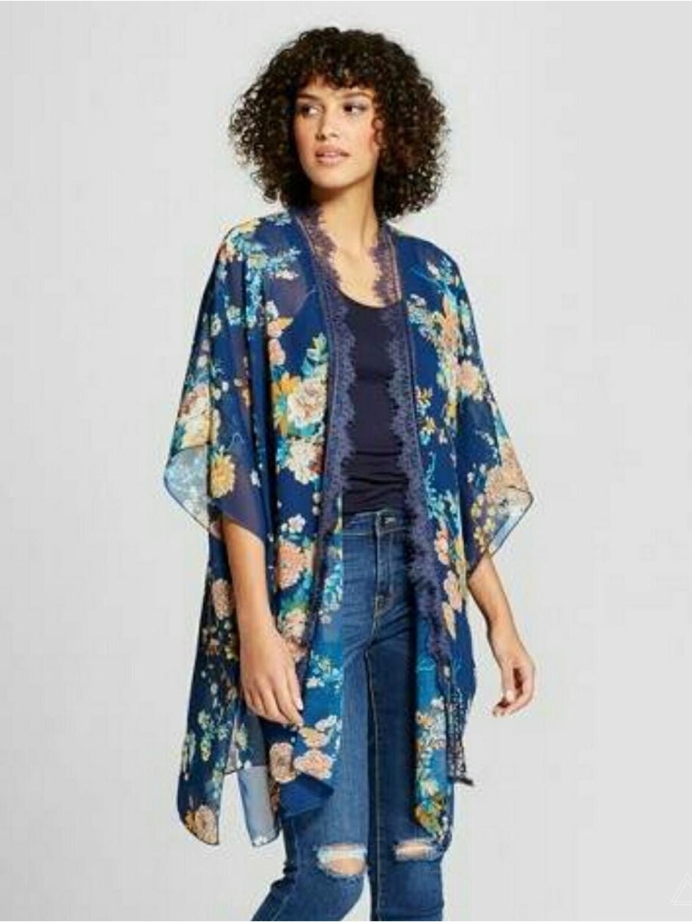 Women's Xhilaration Navy Blue Floral Lace Kimono/Cardigan/Swimsuit Cover Up